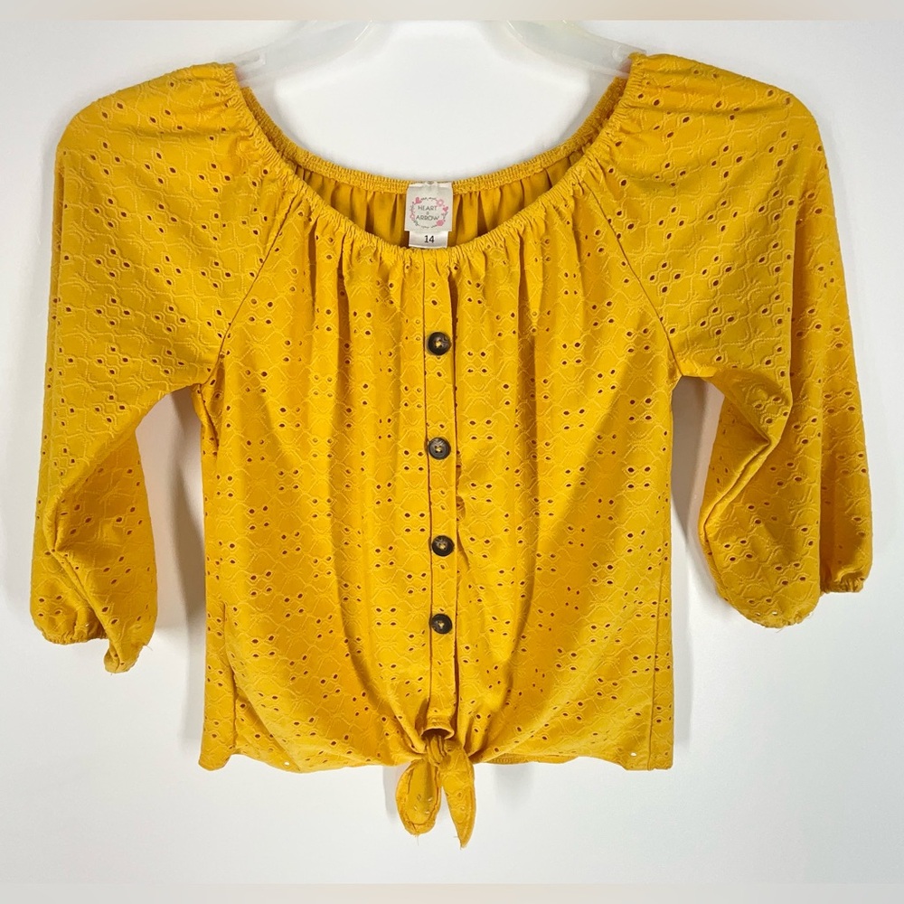 Heart & Arrow Girl’s Mustard Yellow Eyelet Faux Button-Down Top | 14